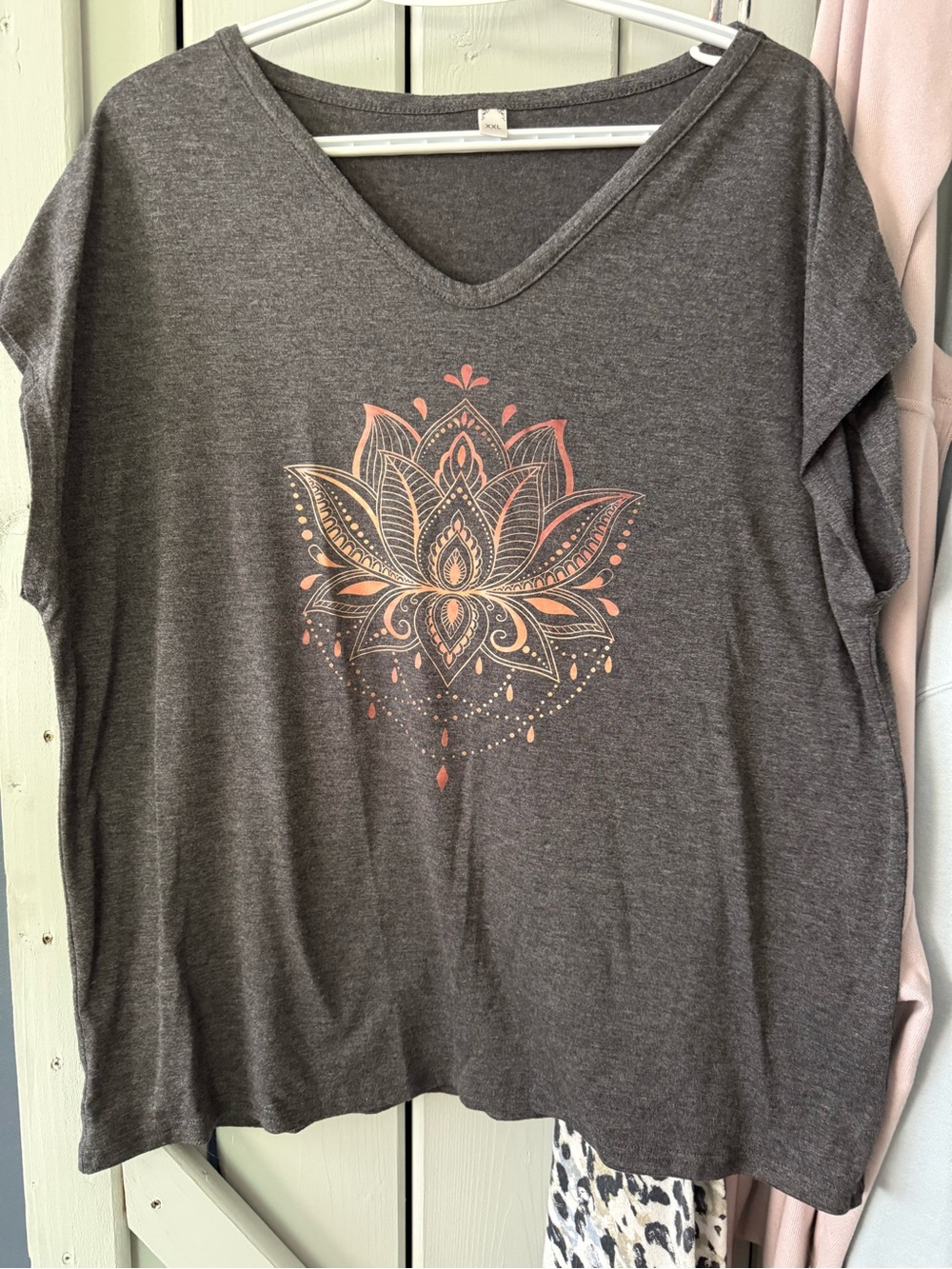 SHEIN Gray V-Neck Tee with Pink Lotus Mandala